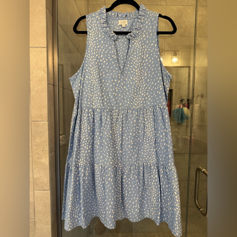 Mud Pie Sky Blue Tiered Mini Dress with White Dot Pattern